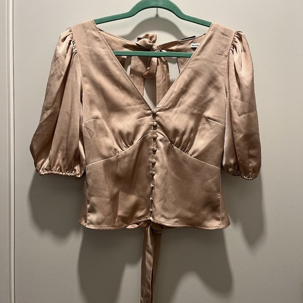 Abercrombie & Fitch | Satin Backless Blouse Puff Sleeves and Bow Detail